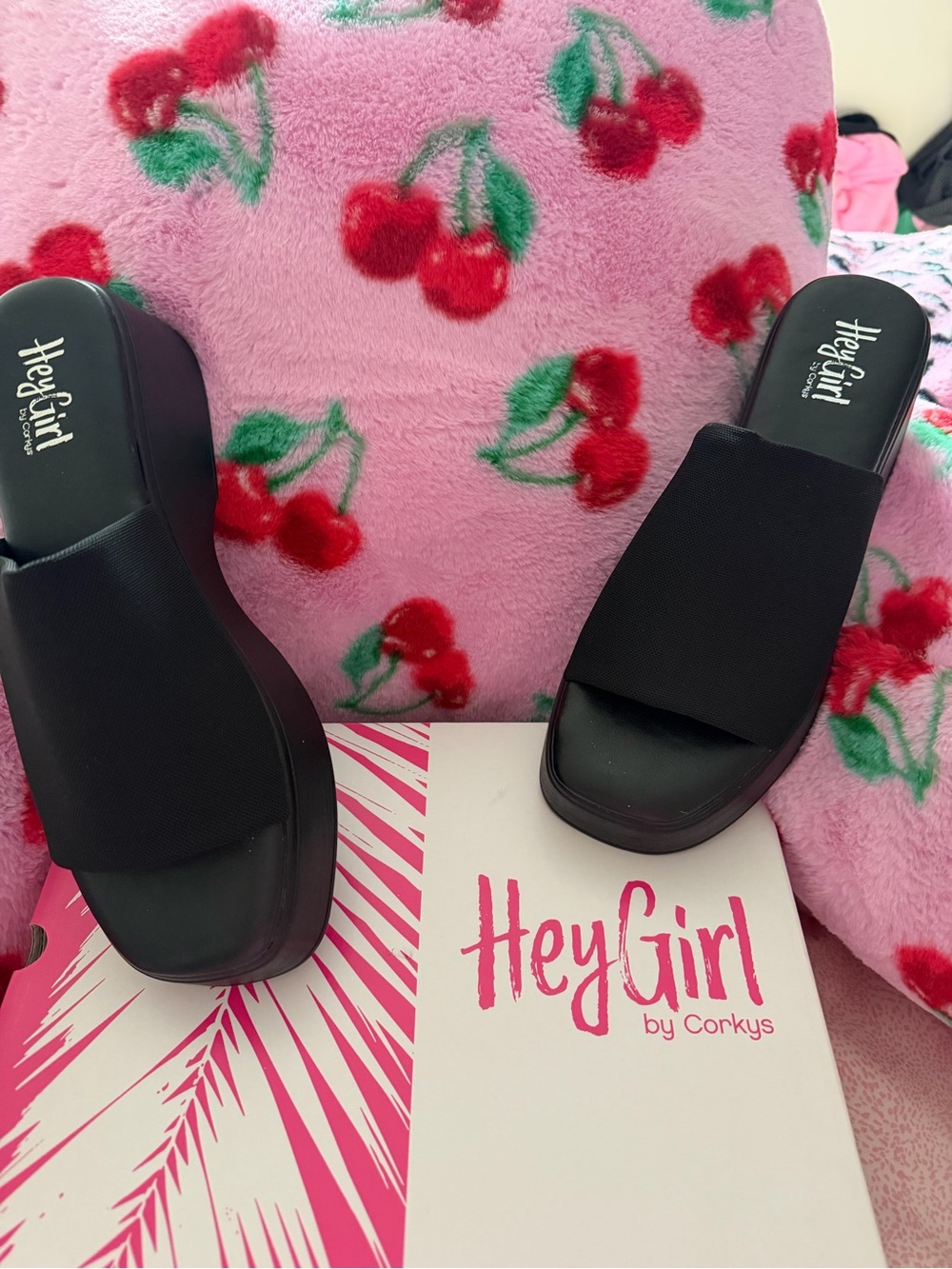 Corkys HeyGirl Black Slide Wedge Sandals